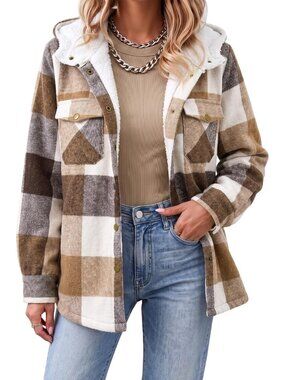 Medium Coffee Flannel Hooded Plaid Shacket - Warm, Fleece Lined Jacket